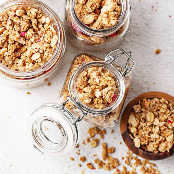 Homemade granola with dried berry in jars